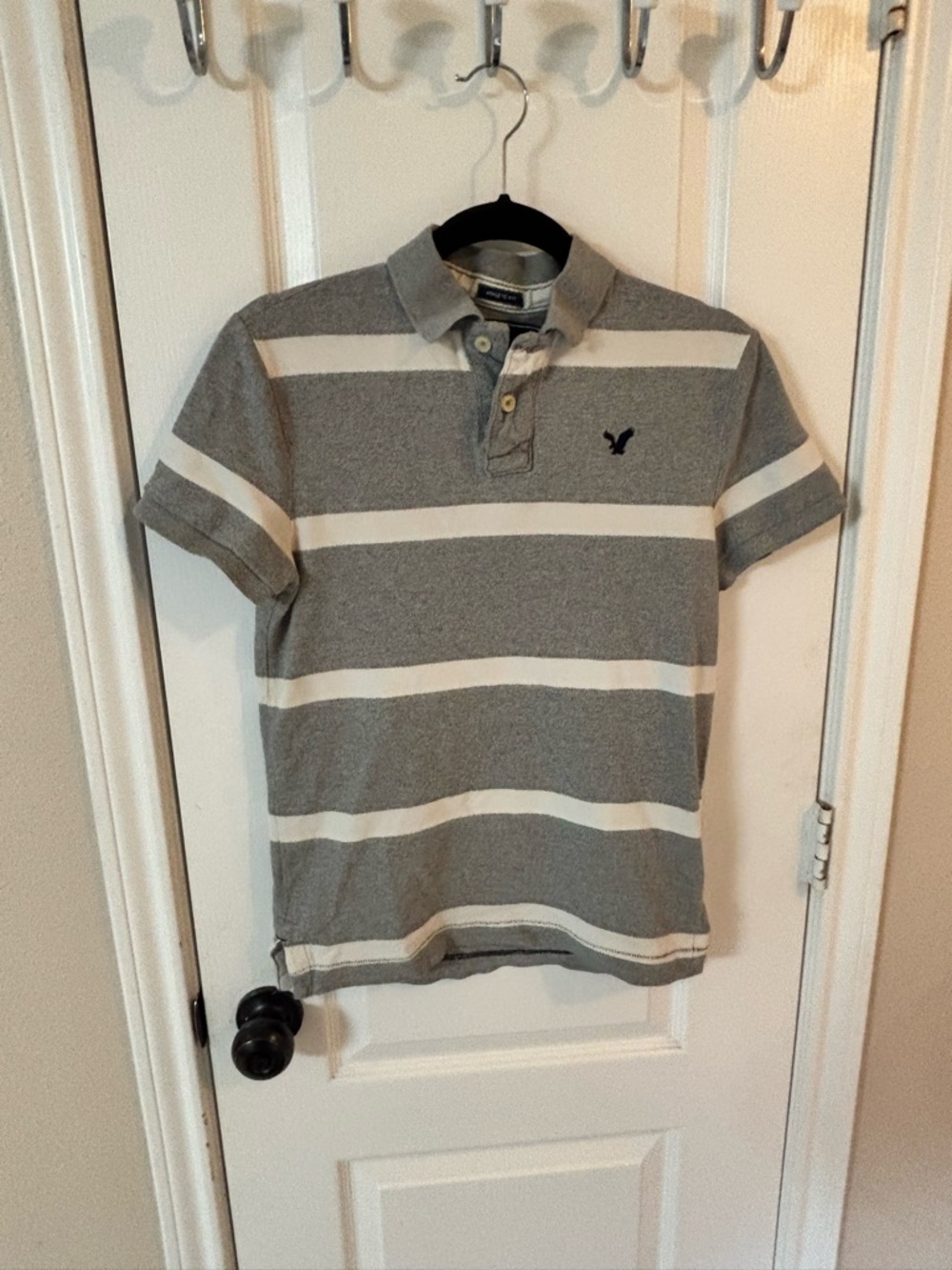 American Eagle Outfitters Gray Striped Polo Shirt Mens XS Y2K 100% Cotton